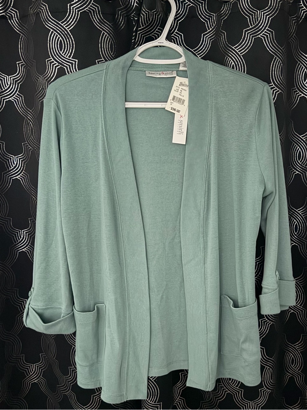 Open-Front Seafoam Knit Cardigan with Patch Pockets